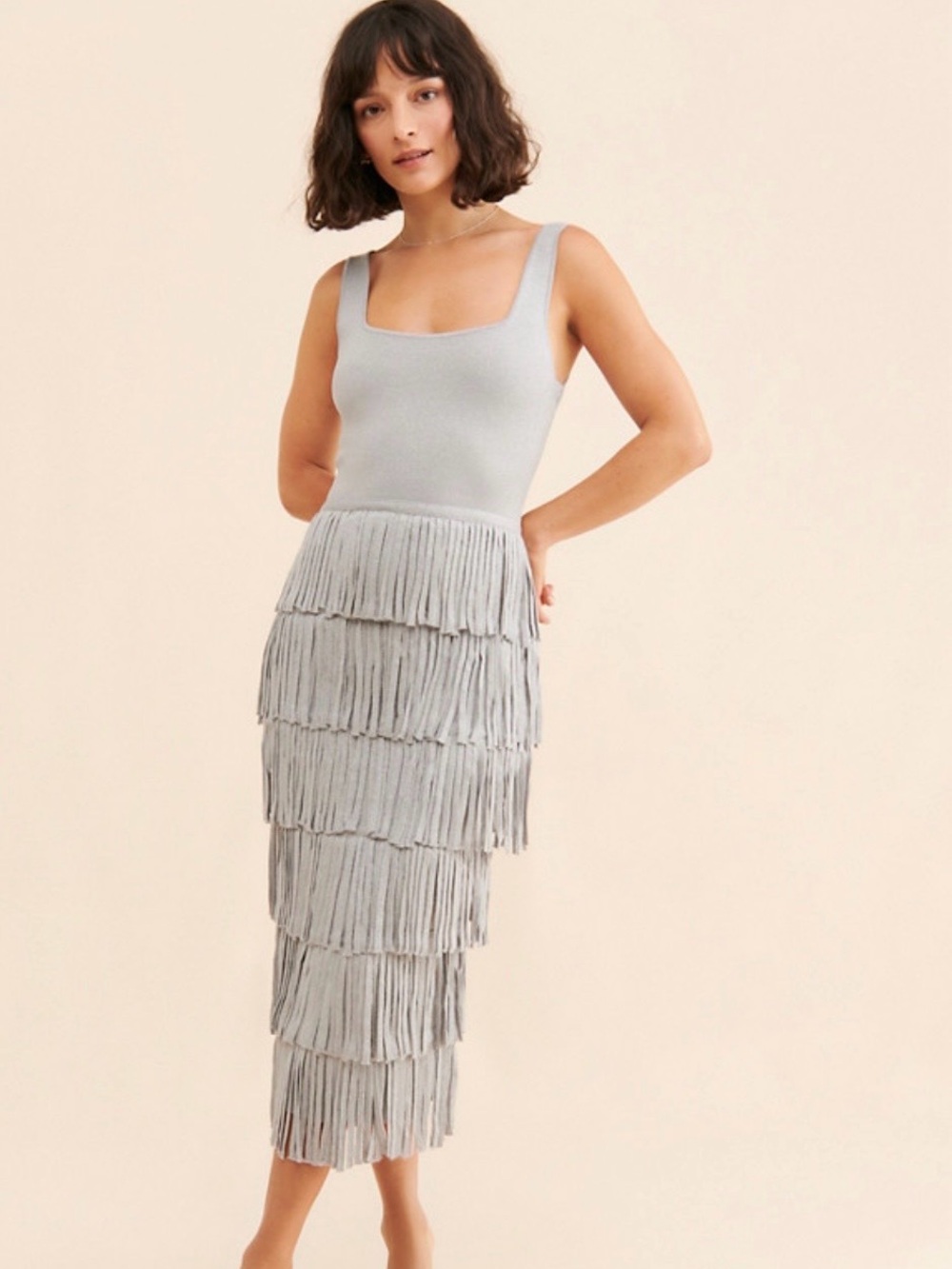Free People Silver Fringe Midi Dress with Scoop Neck